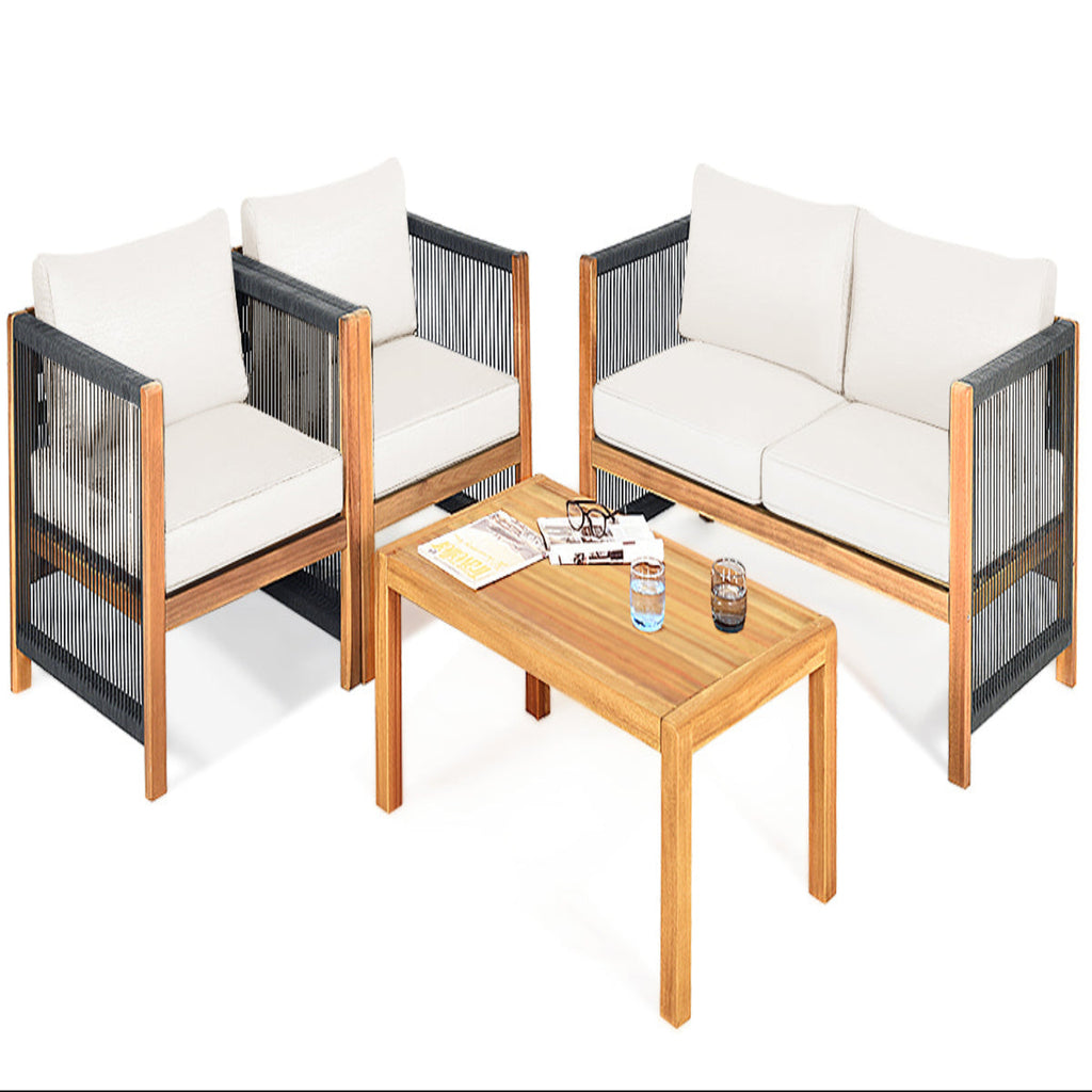 4-Piece Wood Outdoor Patio Furniture Set with Cushions for Garden