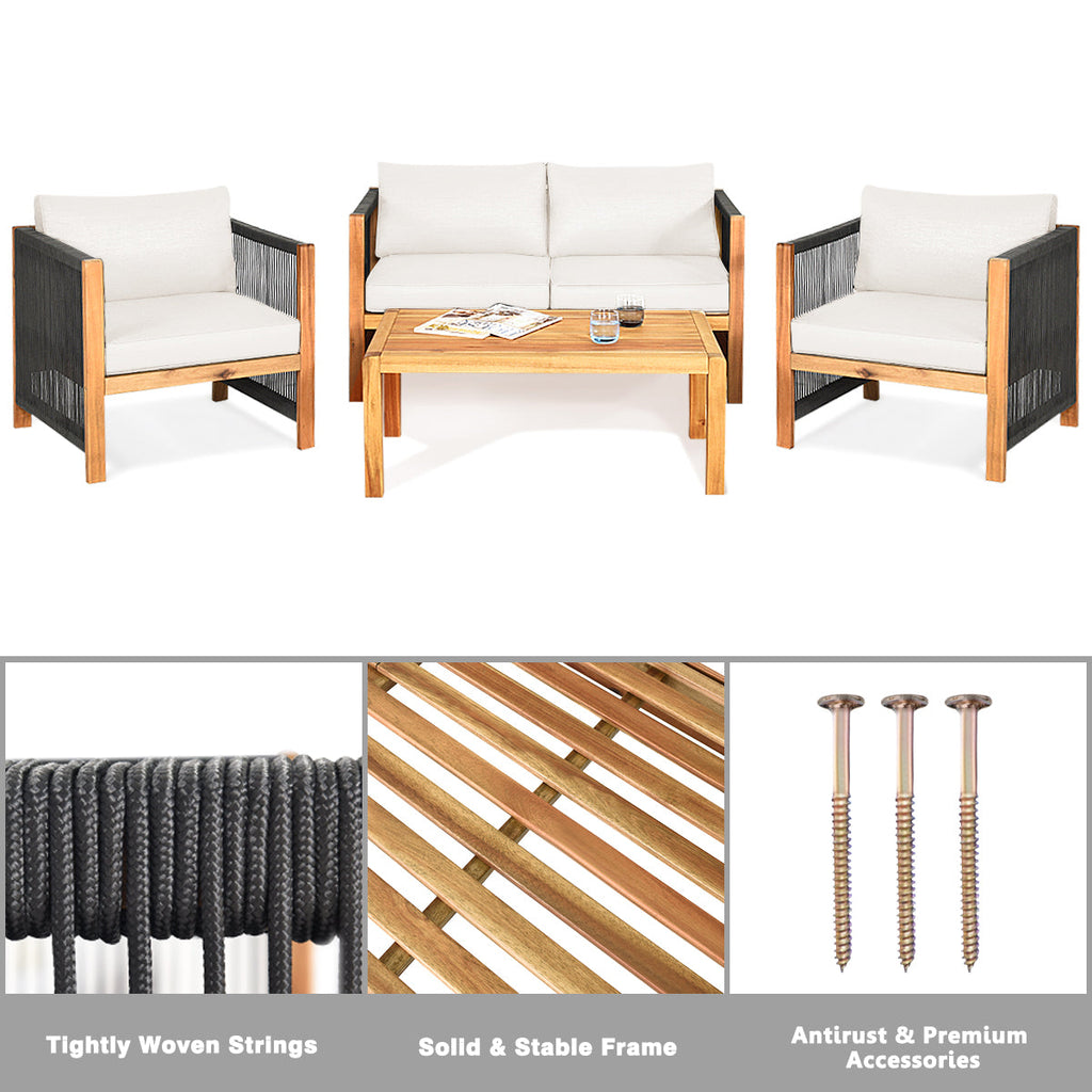 4-Piece Wood Outdoor Patio Furniture Set with Cushions for Garden