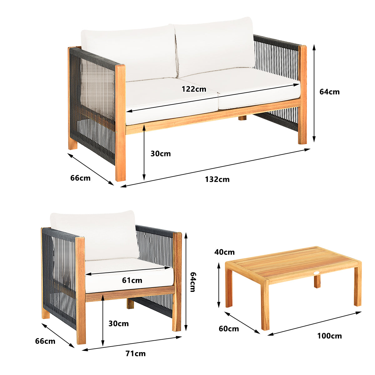 4-Piece Wood Outdoor Patio Furniture Set with Cushions for Garden