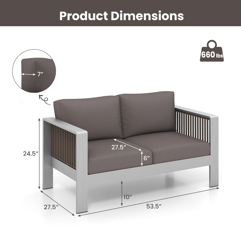 Patio Aluminum Loveseat Sofa Outdoor Furniture Set with Thick Back and Seat Cushions – Gray