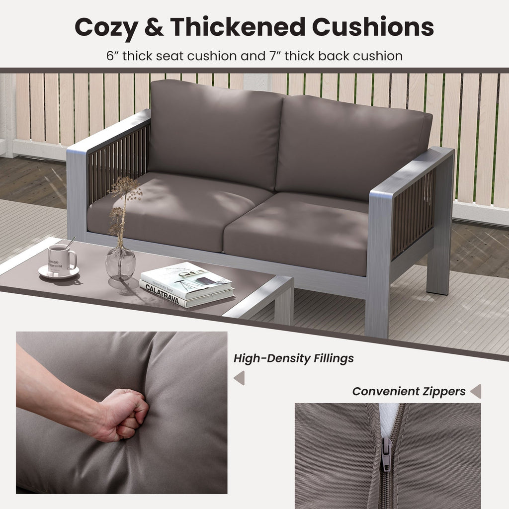 Patio Aluminum Loveseat Sofa Outdoor Furniture Set with Thick Back and Seat Cushions – Gray