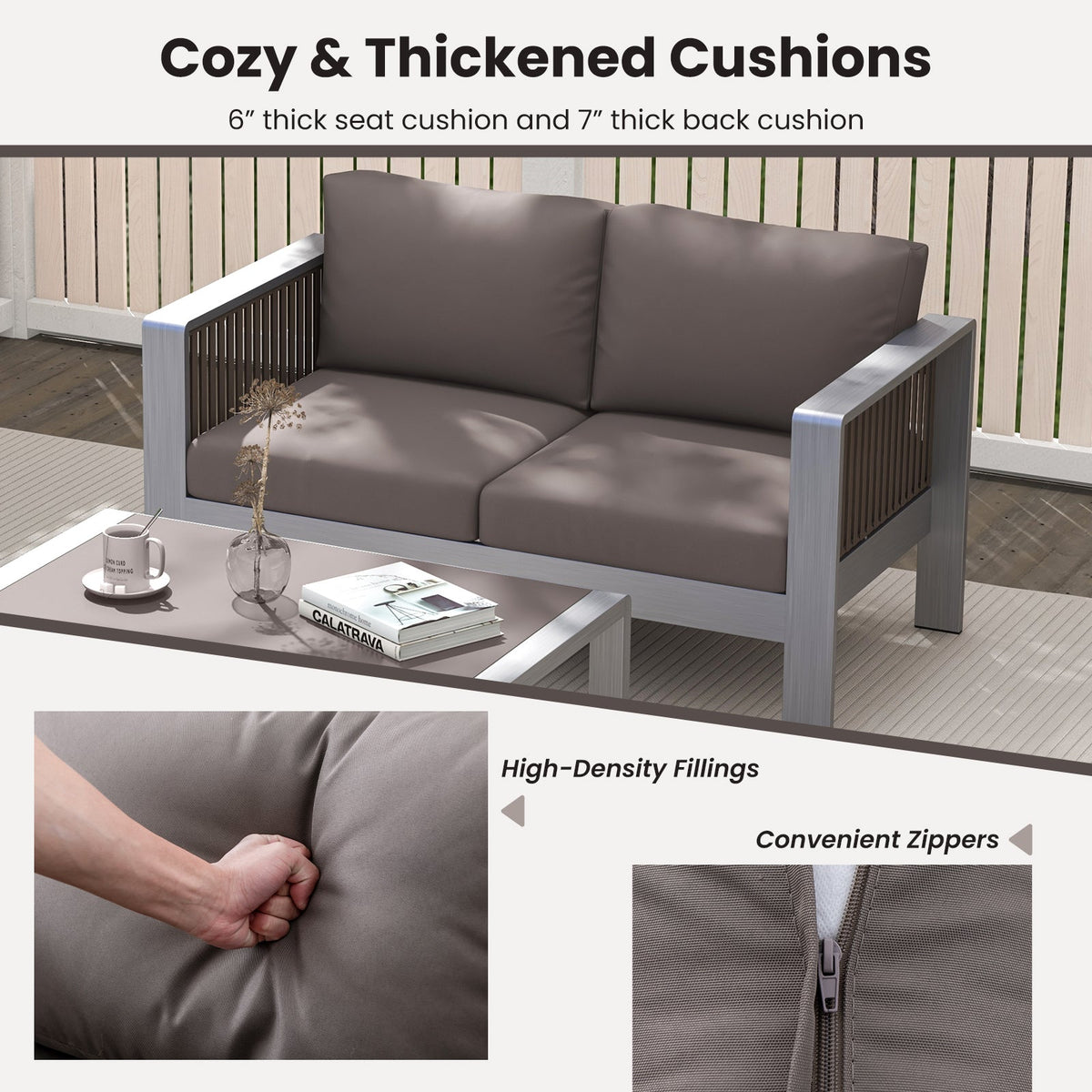 Patio Aluminum Loveseat Sofa Outdoor Furniture Set with Thick Back and Seat Cushions – Gray