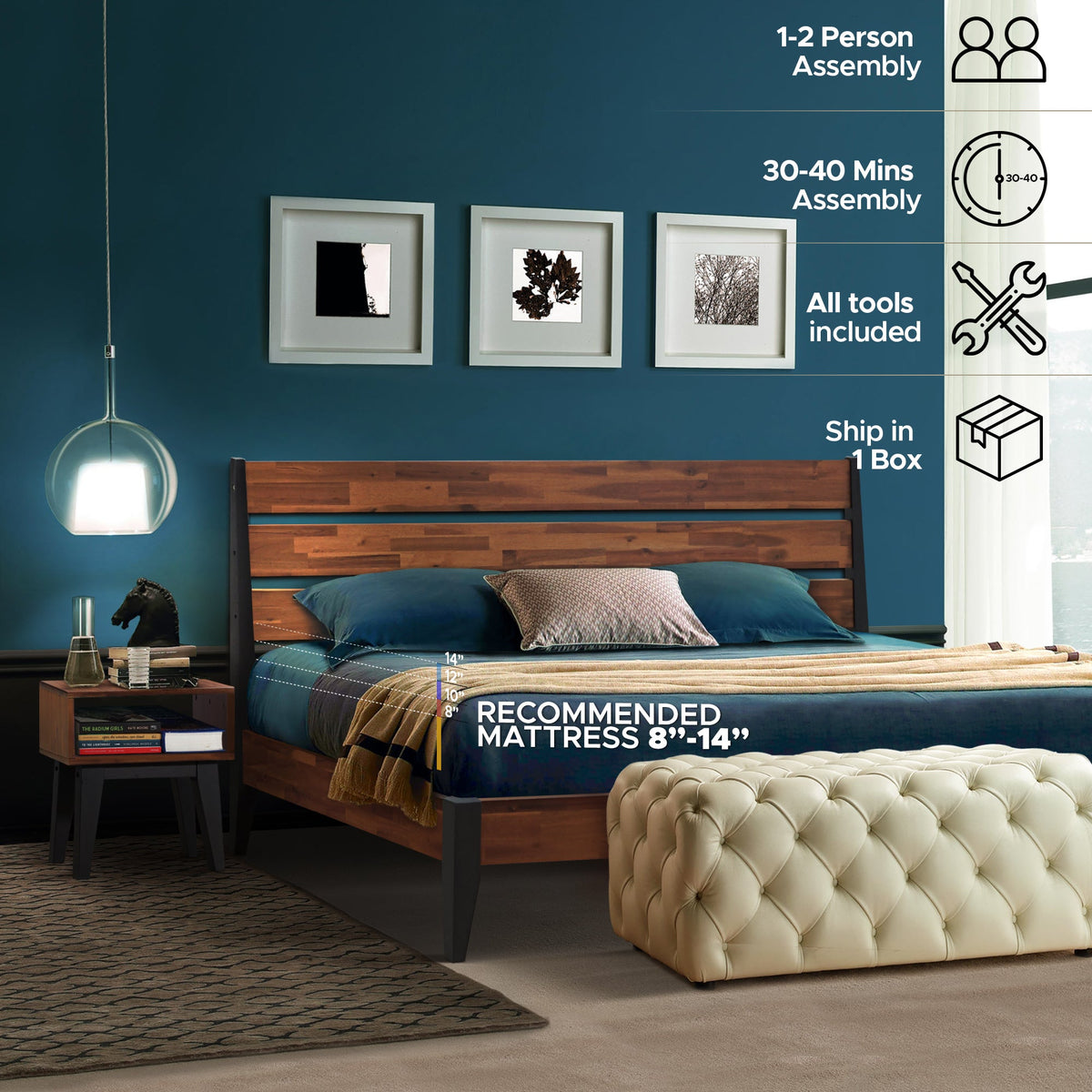 Emery Solid Wood Bed Frame & Nightstand Set