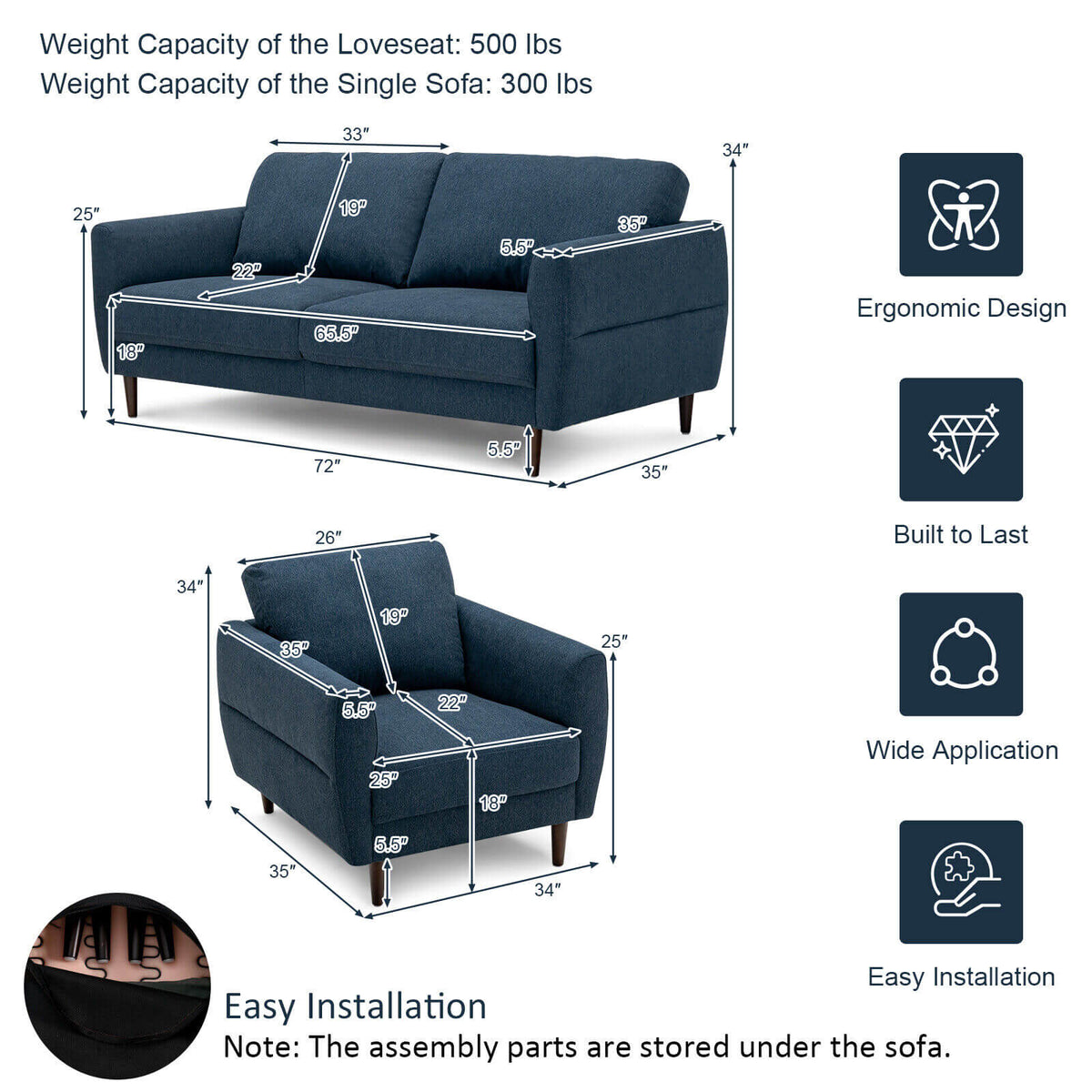 2-Piece Upholstered Sofa Set with Removable Cushion Covers