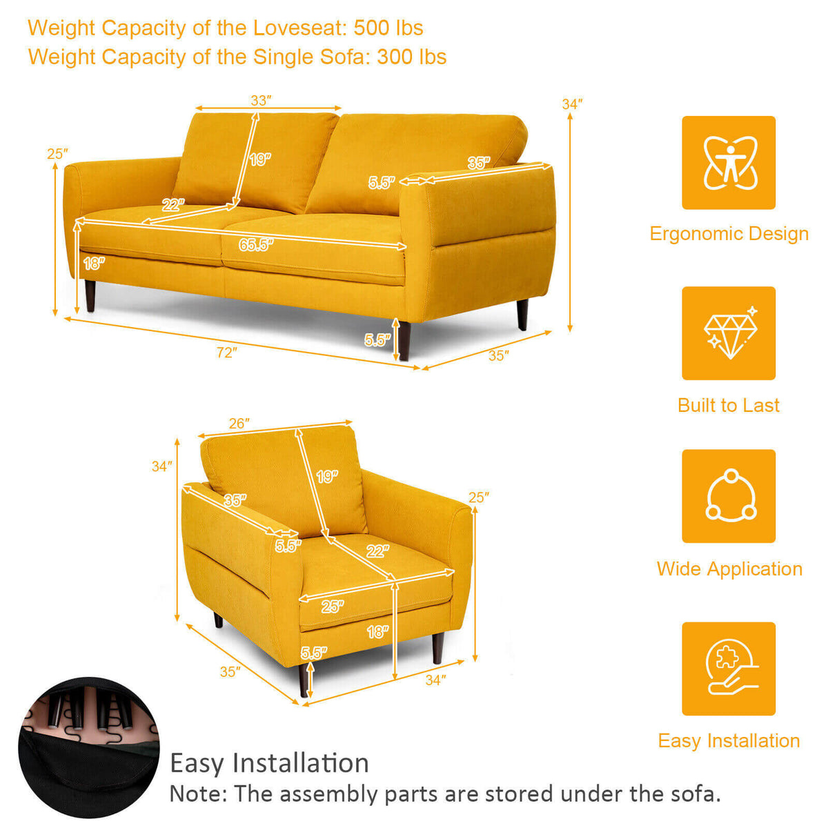 2-Piece Upholstered Sofa Set with Removable Cushion Covers