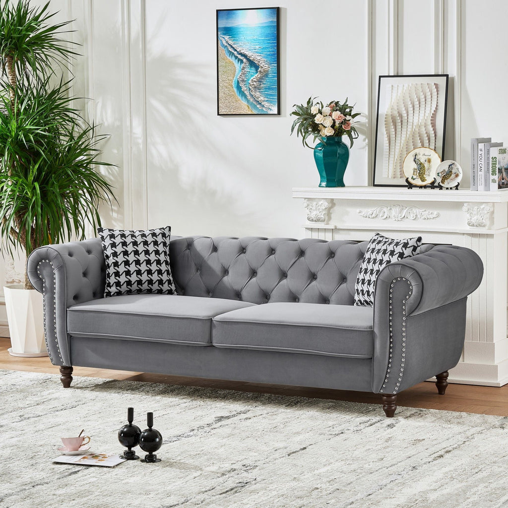 Chesterfield Fabric Sofa with Rolled Arms & Nailhead Trim