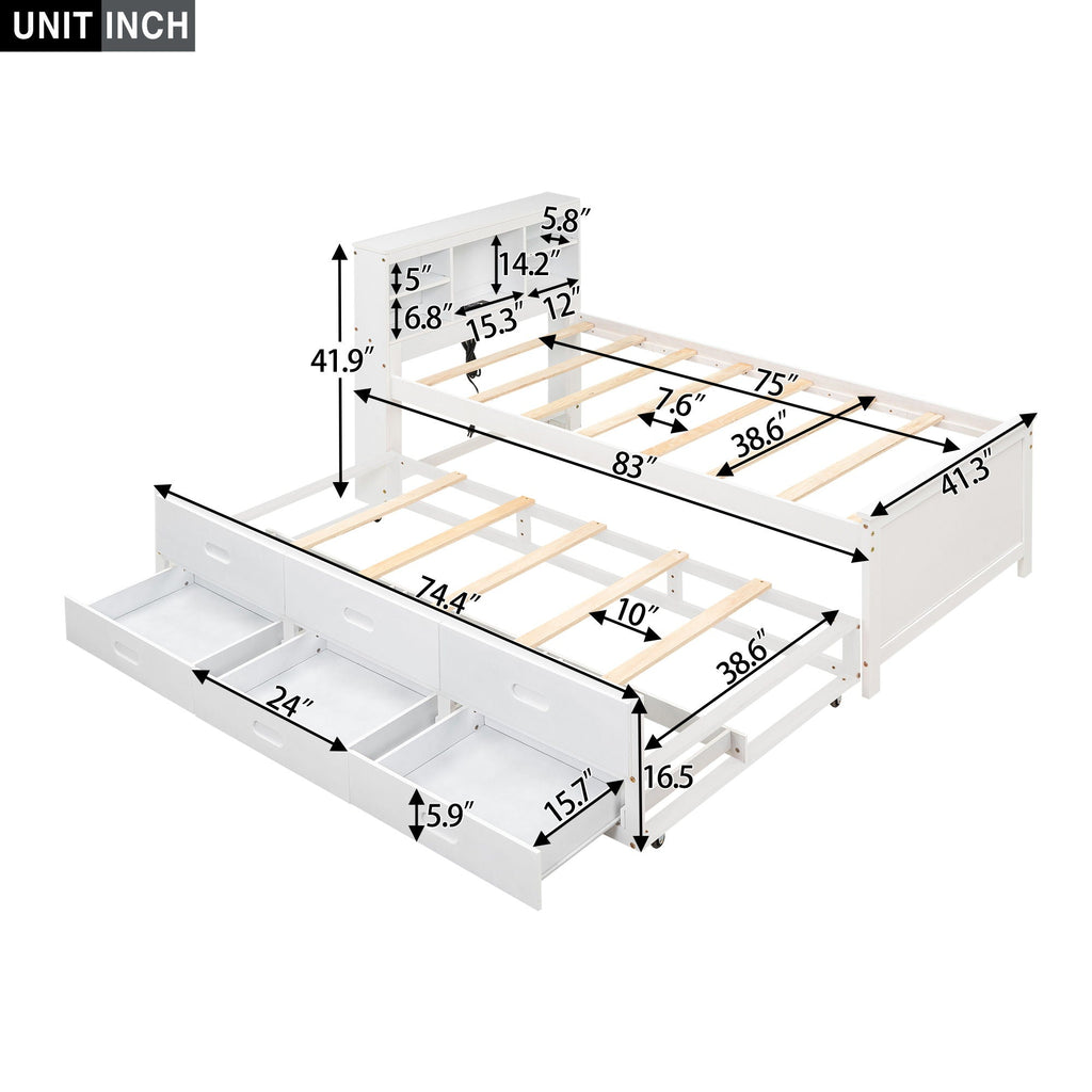 Platform Bed with Storage Headboard, USB, Trundle & 3 – Drawer