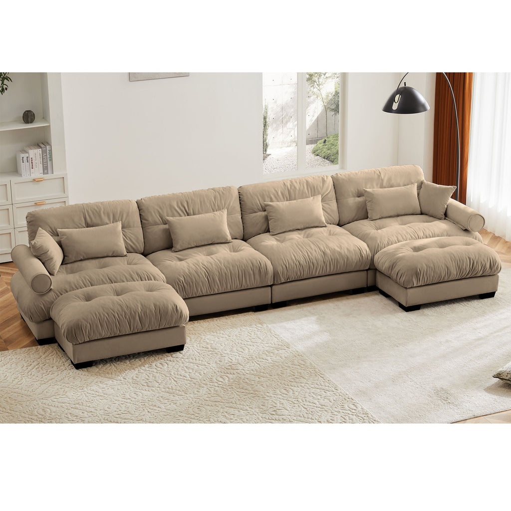 Modern Sectional Sofa with Ottoman, Round Bolster Armrests, Waist & Throw Pillows