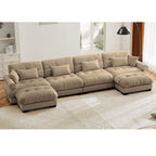 Modern Sectional Sofa with Ottoman, Round Bolster Armrests, Waist & Throw Pillows