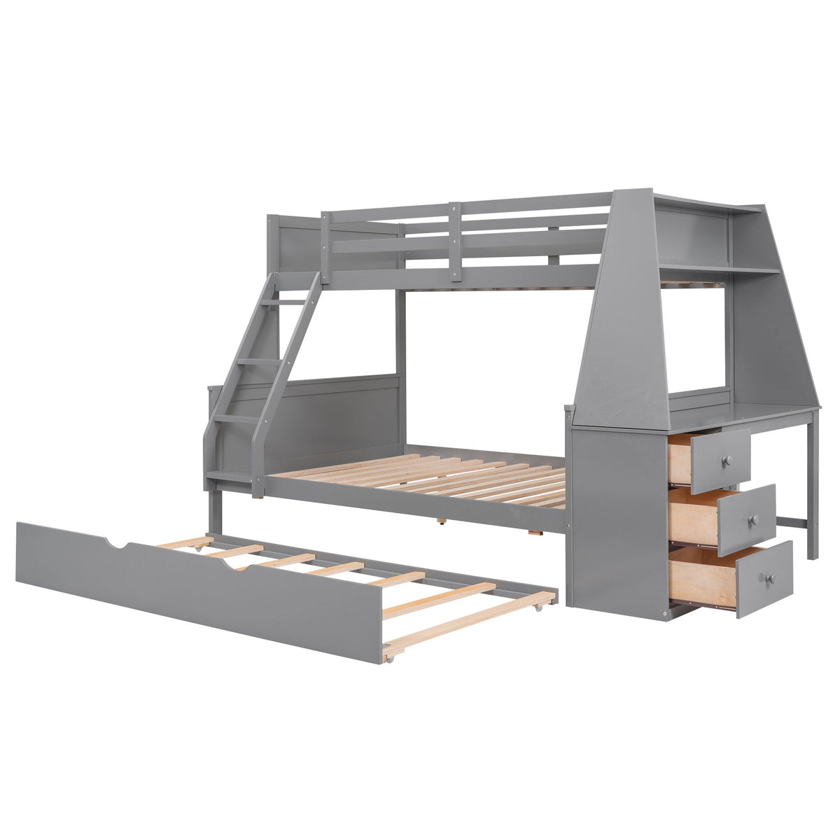 Bunk Bed with Trundle & Built In Desk, 3 Storage Drawers & Shelf
