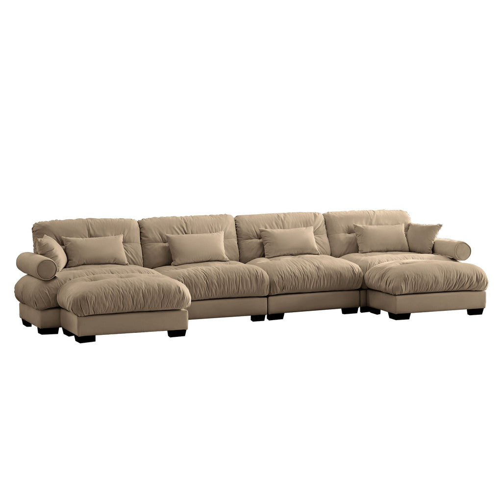 Modern Sectional Sofa with Ottoman, Round Bolster Armrests, Waist & Throw Pillows