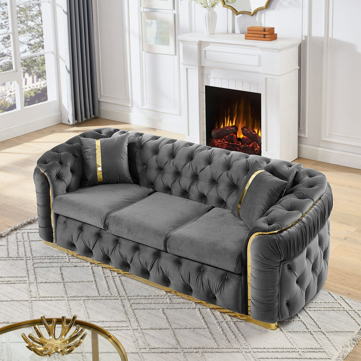 Button Tufted Couch with 2 Pillows, 3-Seater Luxury Chesterfield Sofa