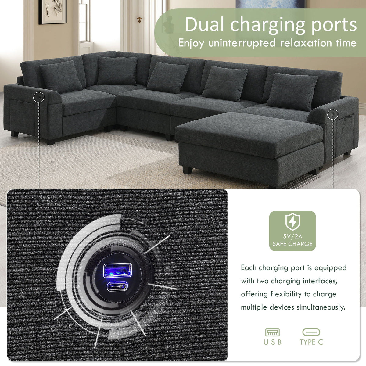 U Shaped Sectional Sofa 6 Seat Couch Set with Oversized Ottoman
