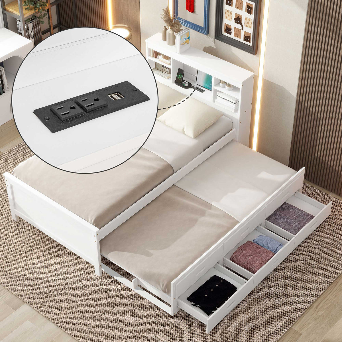 Platform Bed with Storage Headboard, USB, Trundle & 3 – Drawer