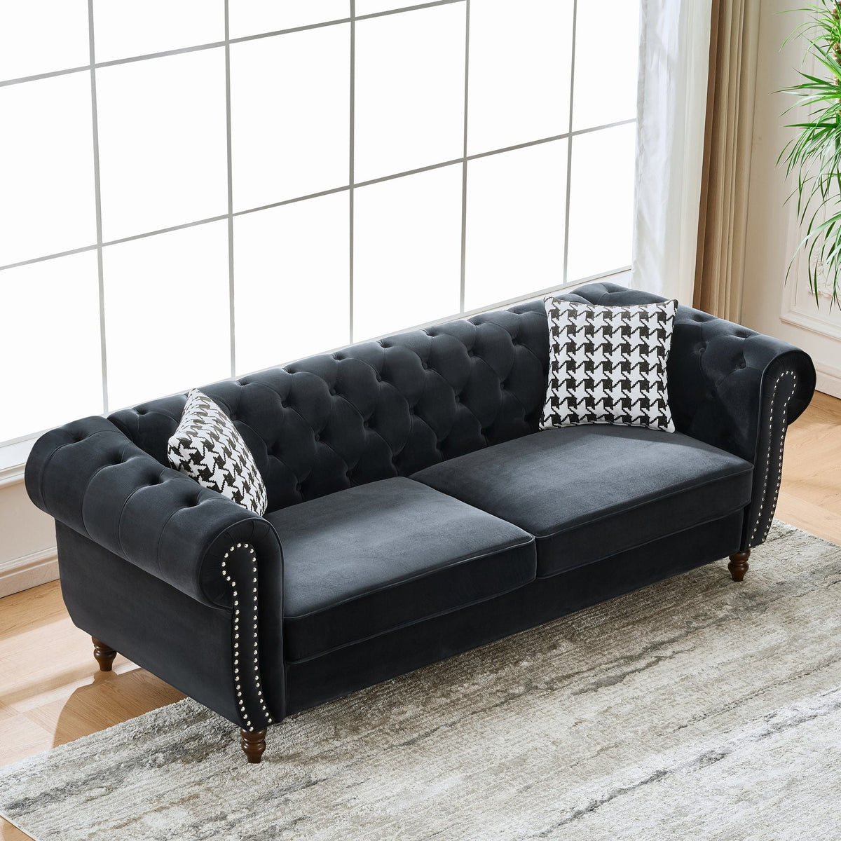 Chesterfield Fabric Sofa with Rolled Arms & Nailhead Trim