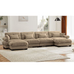 Modern Sectional Sofa with Ottoman, Round Bolster Armrests, Waist & Throw Pillows