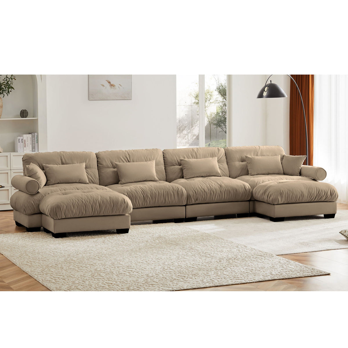 Modern Sectional Sofa with Ottoman, Round Bolster Armrests, Waist & Throw Pillows
