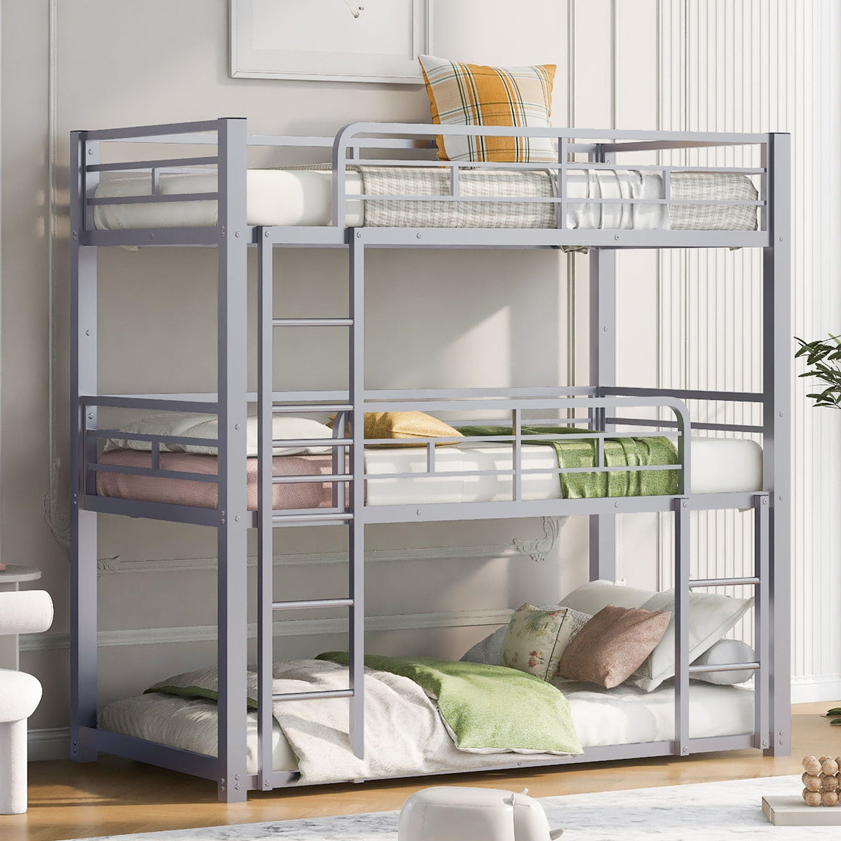 Triple Bunk Bed with Sturdy Construction & Space Saving Design