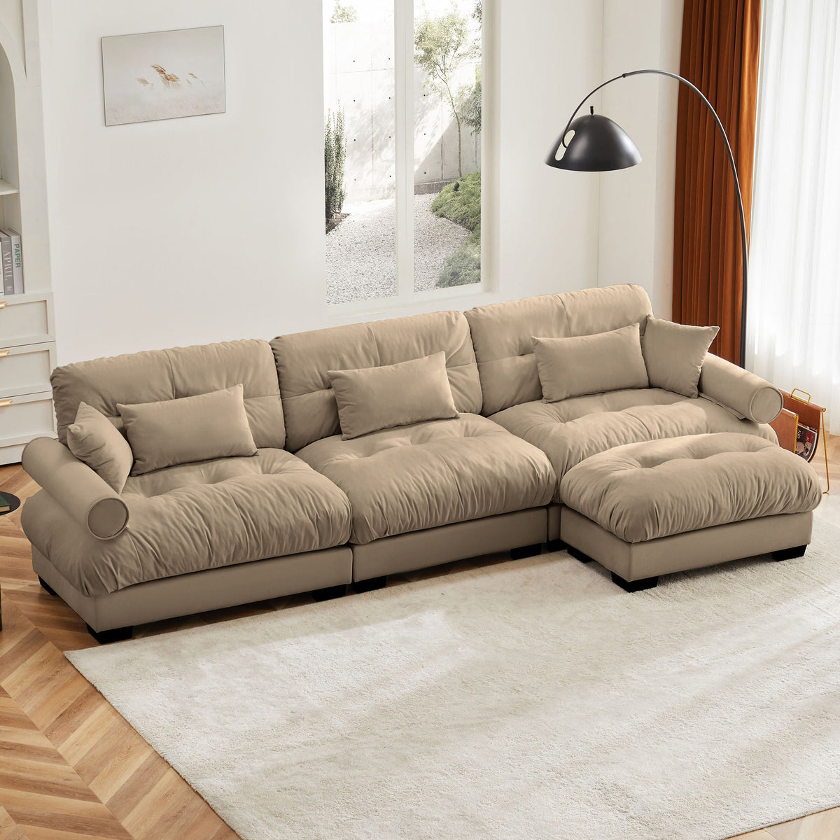 Modern Sectional Sofa with Ottoman, Round Bolster Armrests, Waist & Throw Pillows