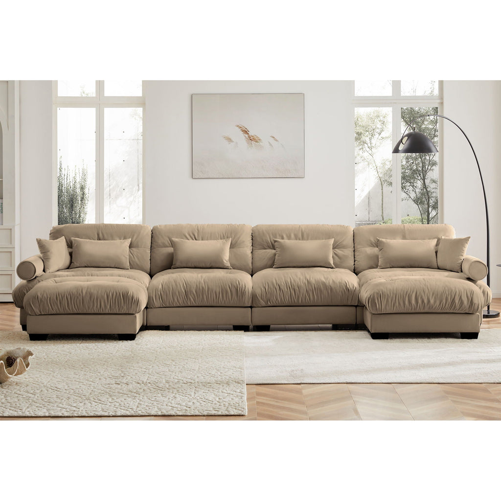 Modern Sectional Sofa with Ottoman, Round Bolster Armrests, Waist & Throw Pillows