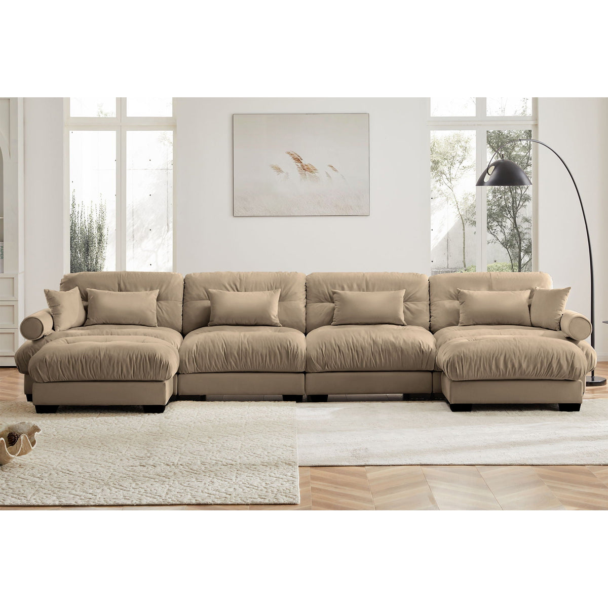 Modern Sectional Sofa with Ottoman, Round Bolster Armrests, Waist & Throw Pillows
