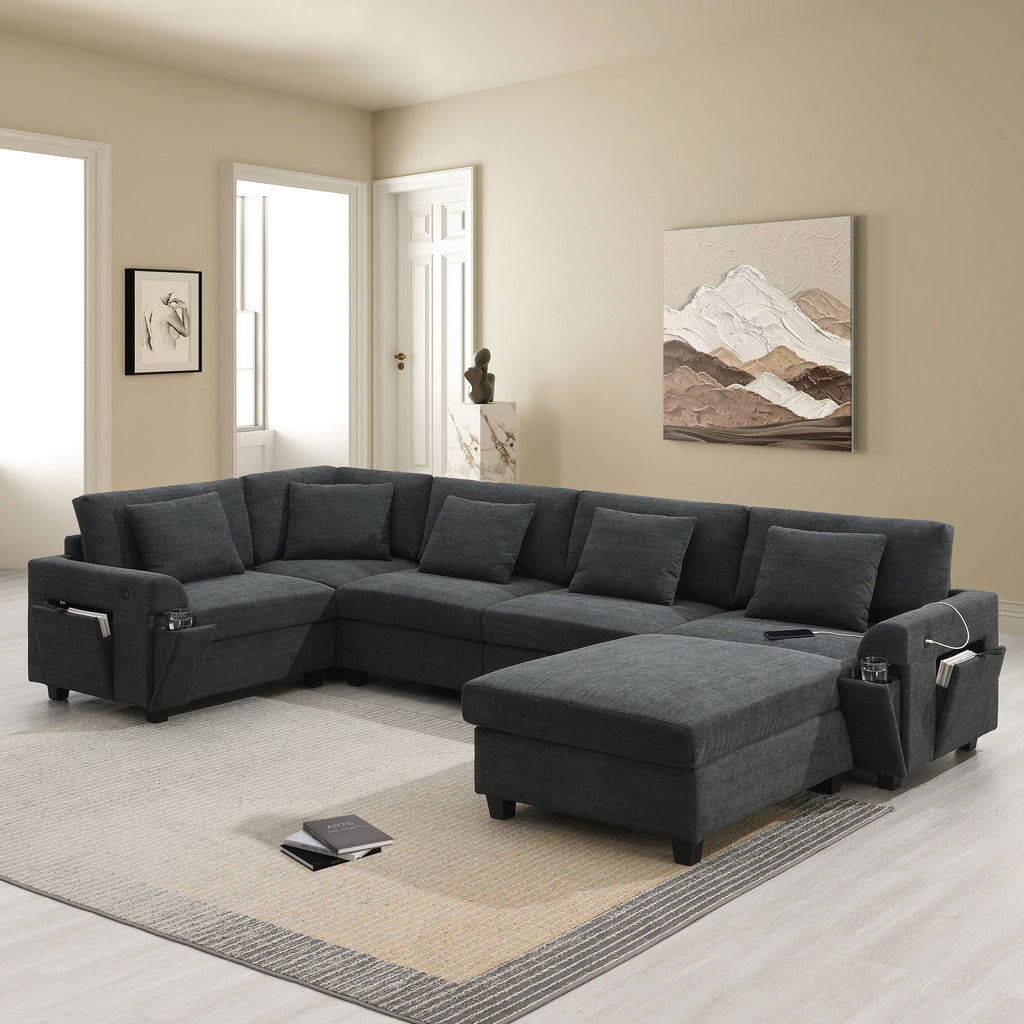 U Shaped Sectional Sofa 6 Seat Couch Set with Oversized Ottoman