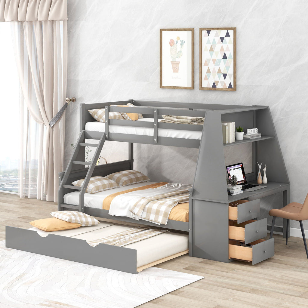 Bunk Bed with Trundle & Built In Desk, 3 Storage Drawers & Shelf