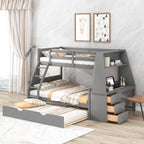 Bunk Bed with Trundle & Built In Desk, 3 Storage Drawers & Shelf