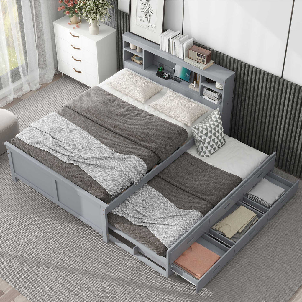 Platform Bed with Storage Headboard, USB, Trundle & 3 – Drawer