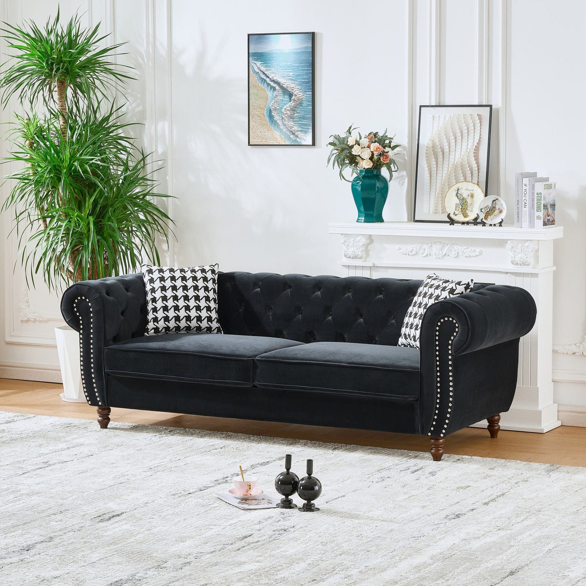Chesterfield Fabric Sofa with Rolled Arms & Nailhead Trim