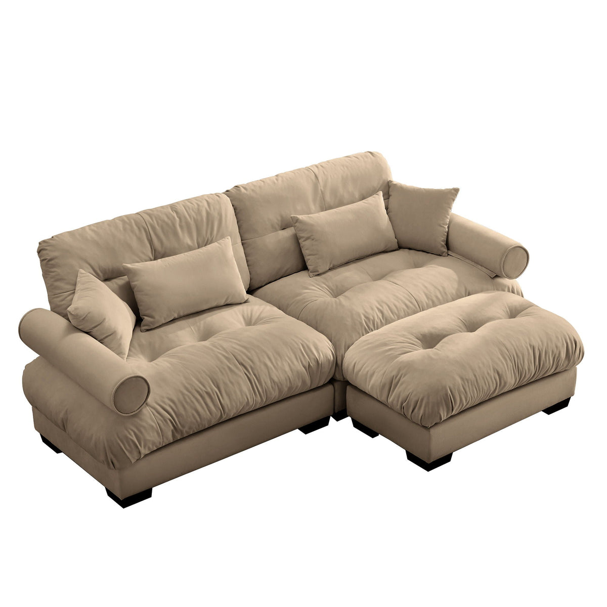 Modern Sectional Sofa with Ottoman, Round Bolster Armrests, Waist & Throw Pillows
