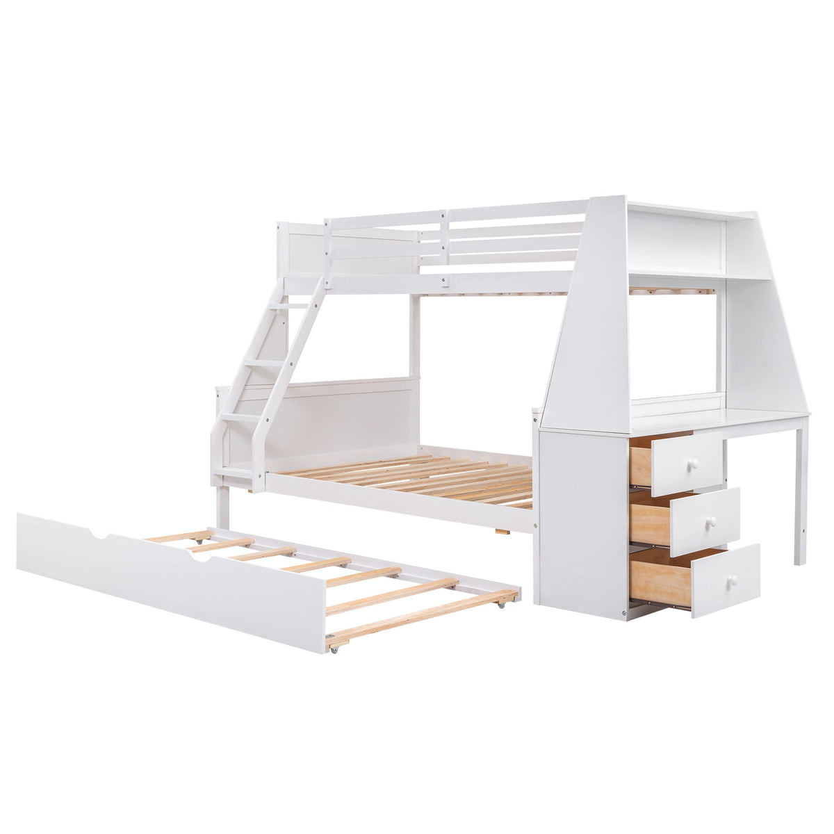 Bunk Bed with Trundle & Built In Desk, 3 Storage Drawers & Shelf