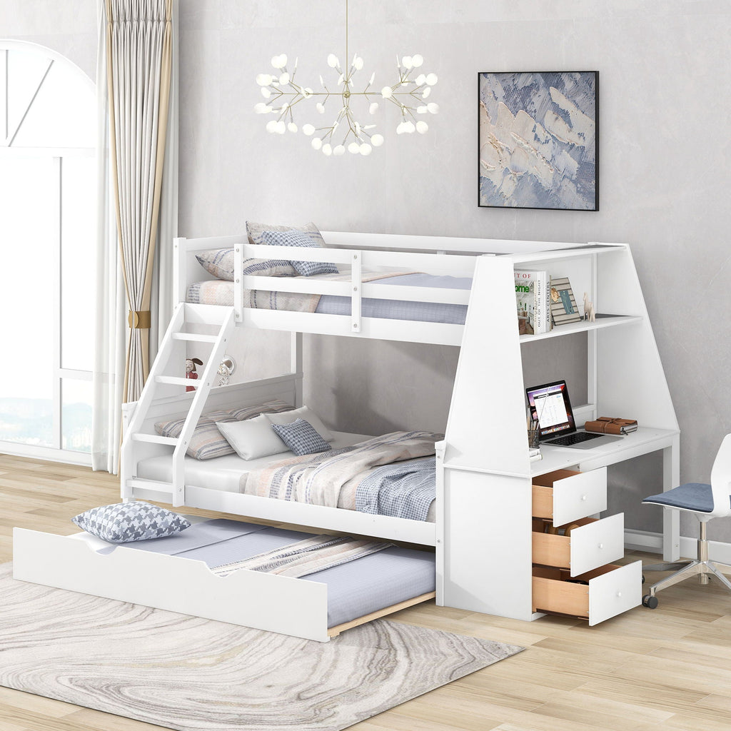 Bunk Bed with Trundle & Built In Desk, 3 Storage Drawers & Shelf
