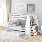 Bunk Bed with Trundle & Built In Desk, 3 Storage Drawers & Shelf