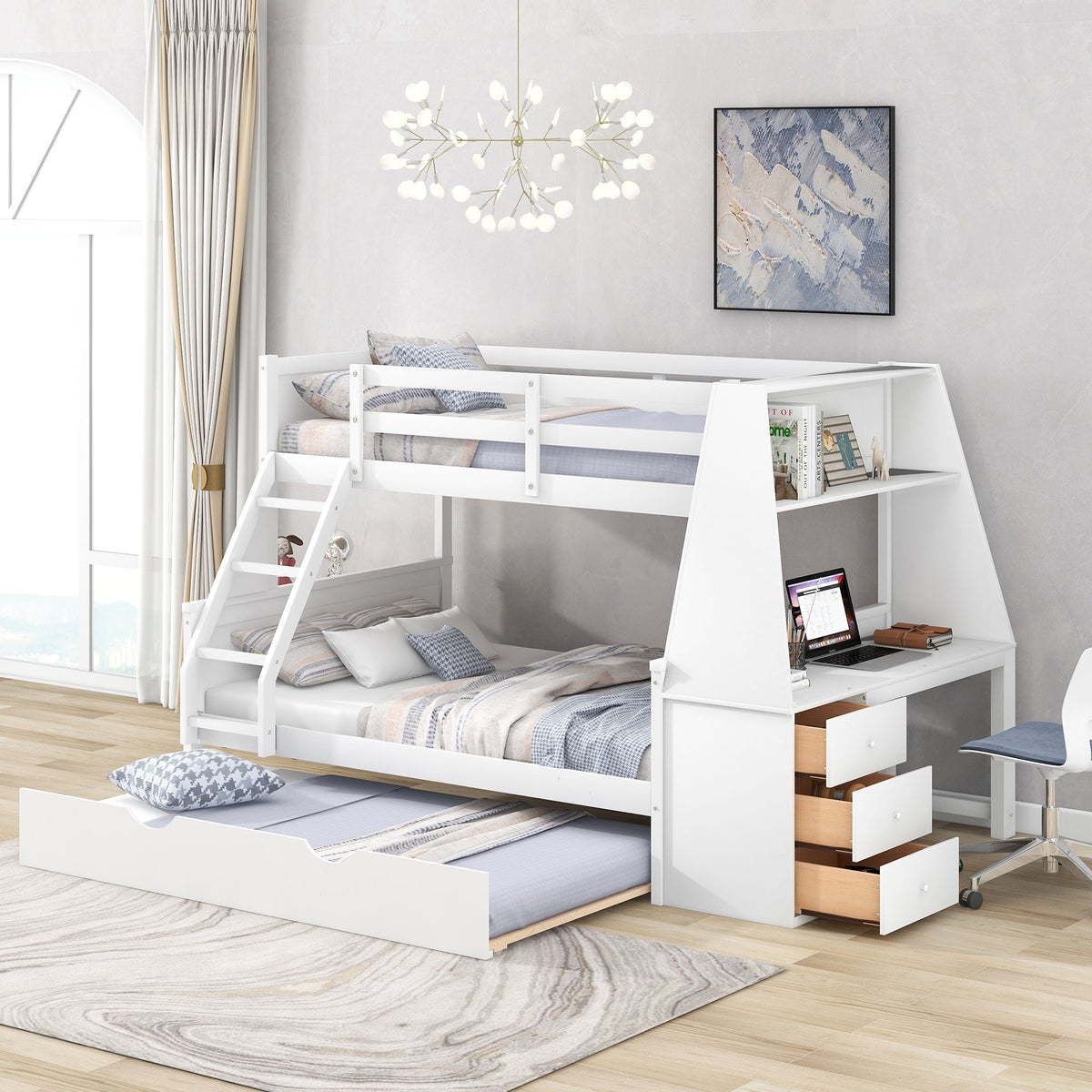 Bunk Bed with Trundle & Built In Desk, 3 Storage Drawers & Shelf