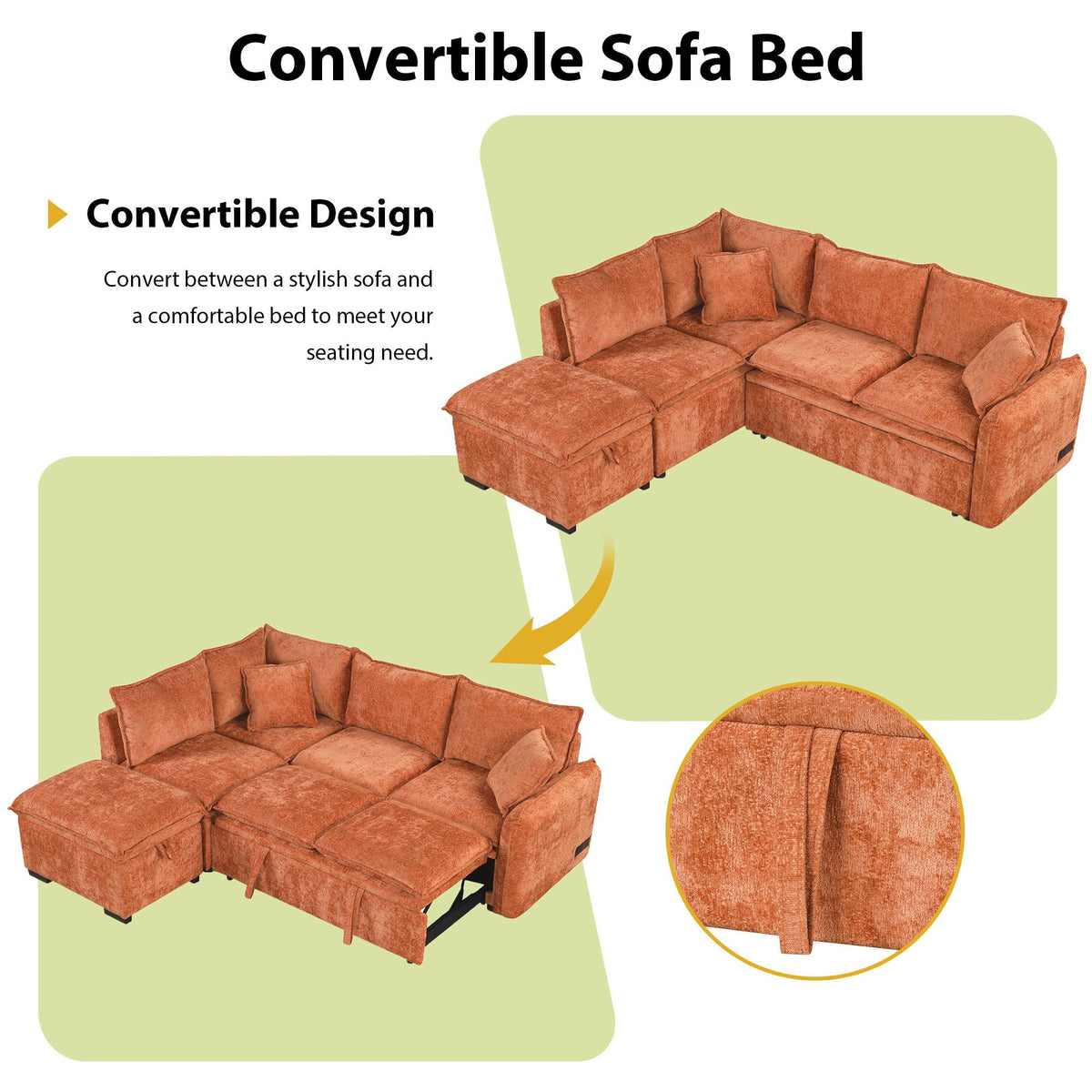 Convertible Sofa Bed Sectional Sofa Sleeper L-Shaped Sofa with A Storage Ottoman