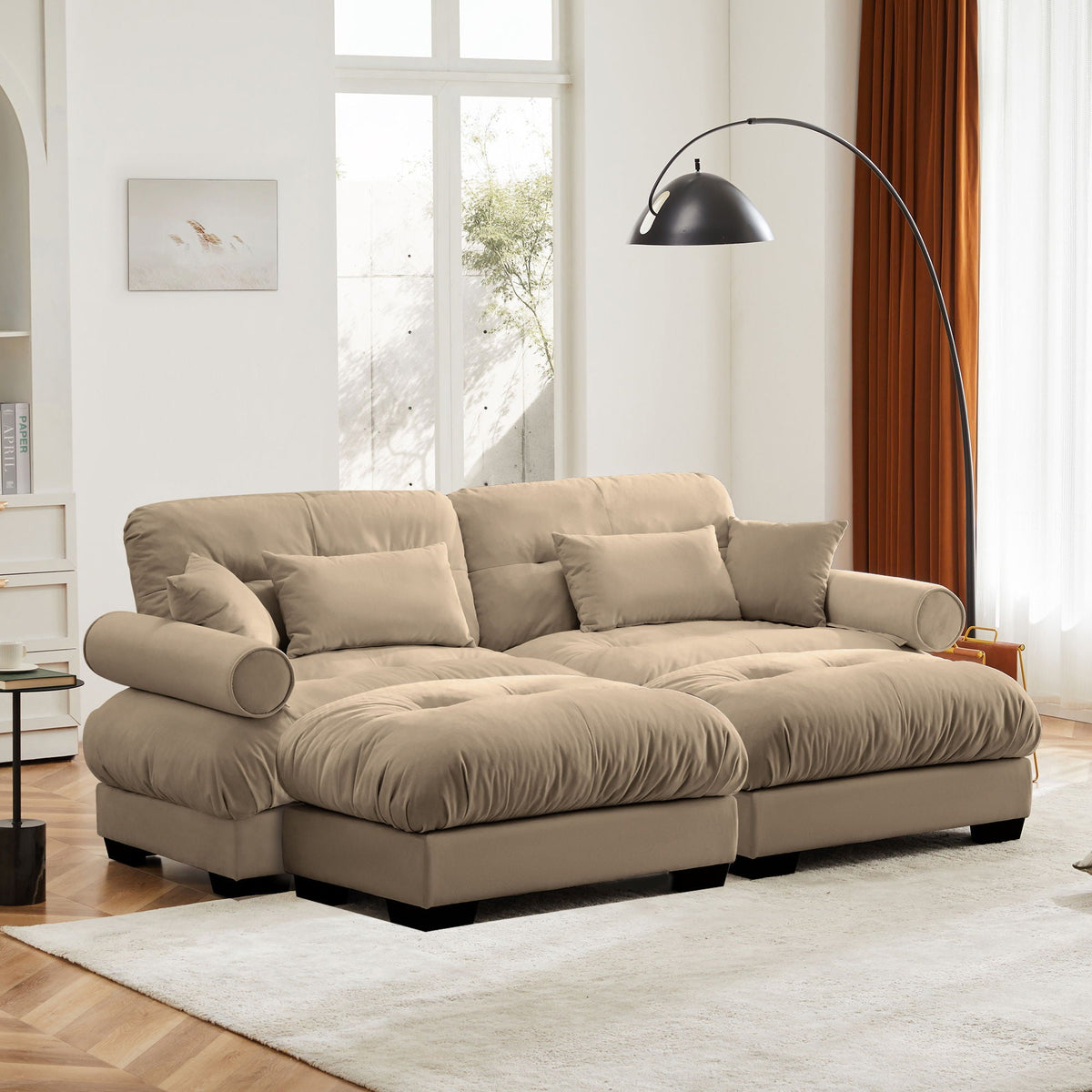 Modern Sectional Sofa with Ottoman, Round Bolster Armrests, Waist & Throw Pillows