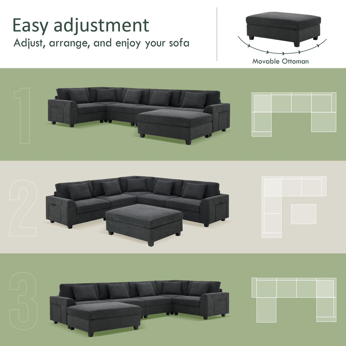 U Shaped Sectional Sofa 6 Seat Couch Set with Oversized Ottoman