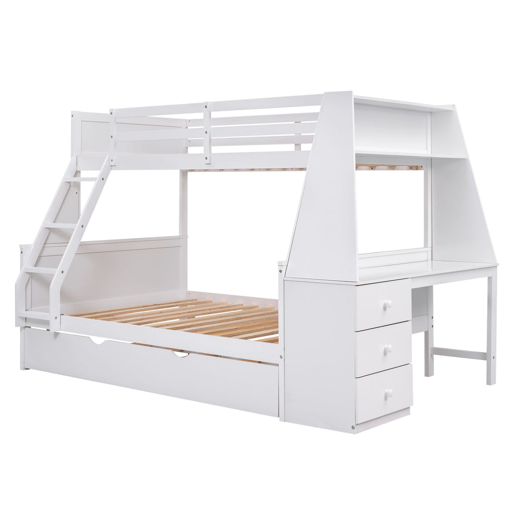 Bunk Bed with Trundle & Built In Desk, 3 Storage Drawers & Shelf