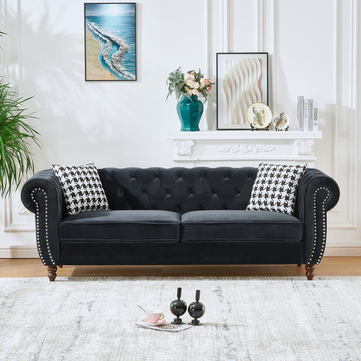 Chesterfield Fabric Sofa with Rolled Arms & Nailhead Trim