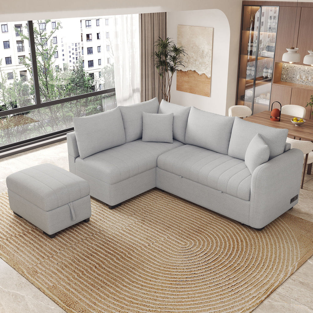 L-Shaped Sectional Pull Out Sofa Bed Sleeper Sofa with Two USB Ports