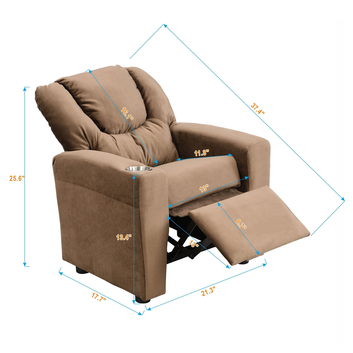 Kids Recliner Chair, Kids Upholstered Couch with Two Cup Holder, Footrest, Backrest