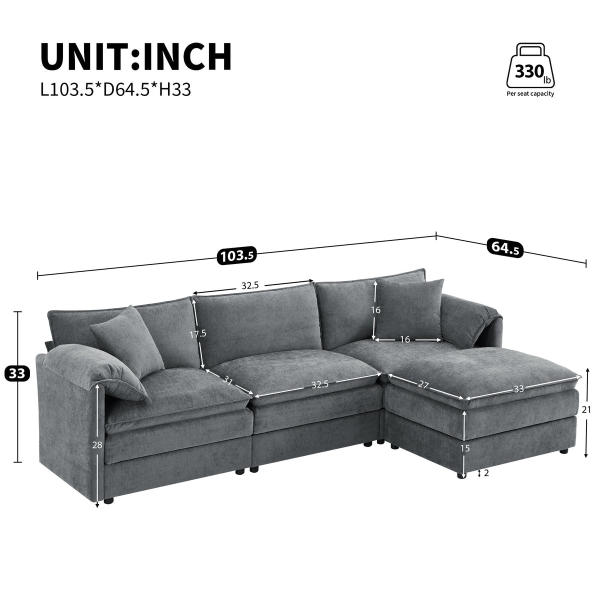 Modular Sectional with Deep & Wide Seat, Cloud Couch Set with Double Cushions Sofa with
