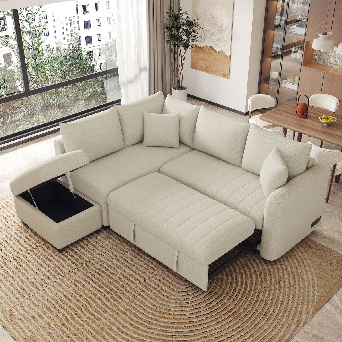 L-Shaped Sectional Pull Out Sofa Bed Sleeper Sofa with Two USB Ports