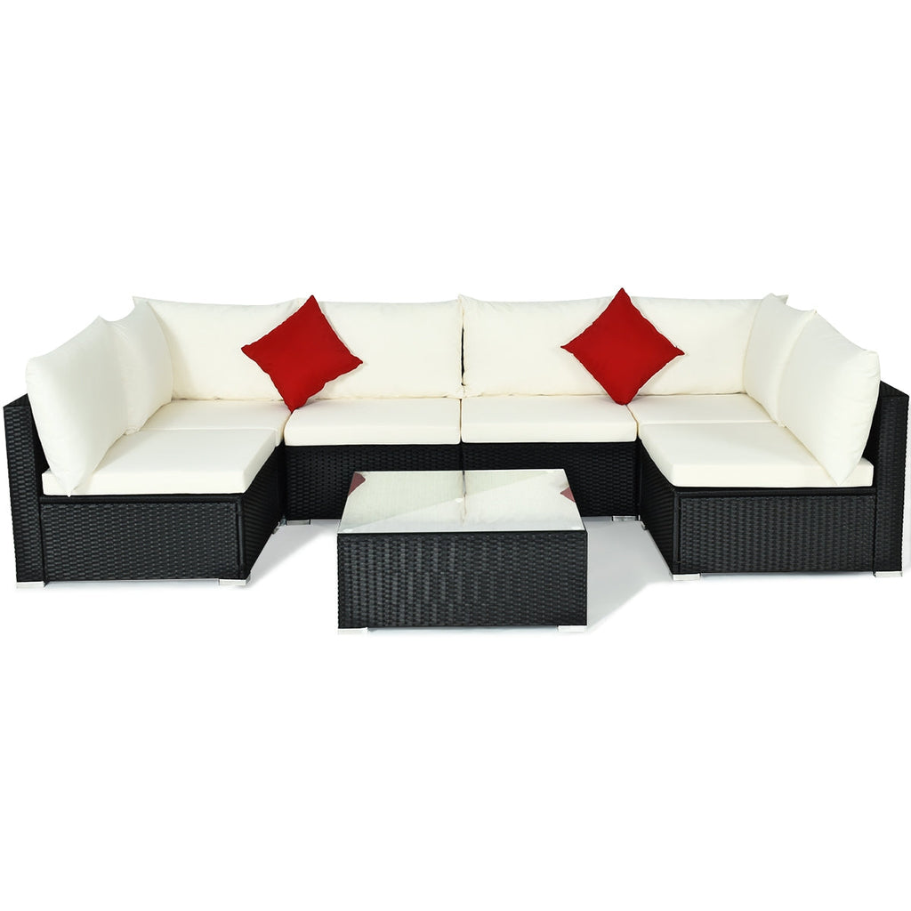 7-Piece Sectional Wicker Furniture Sofa Set with Tempered Glass Top – Red