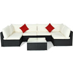 7-Piece Sectional Wicker Furniture Sofa Set with Tempered Glass Top – Red