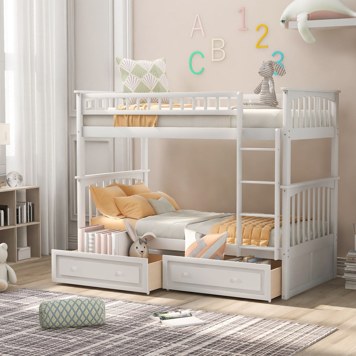 Mystrene - Twin Over Twin Bunk Bed with Drawers, Convertible Beds