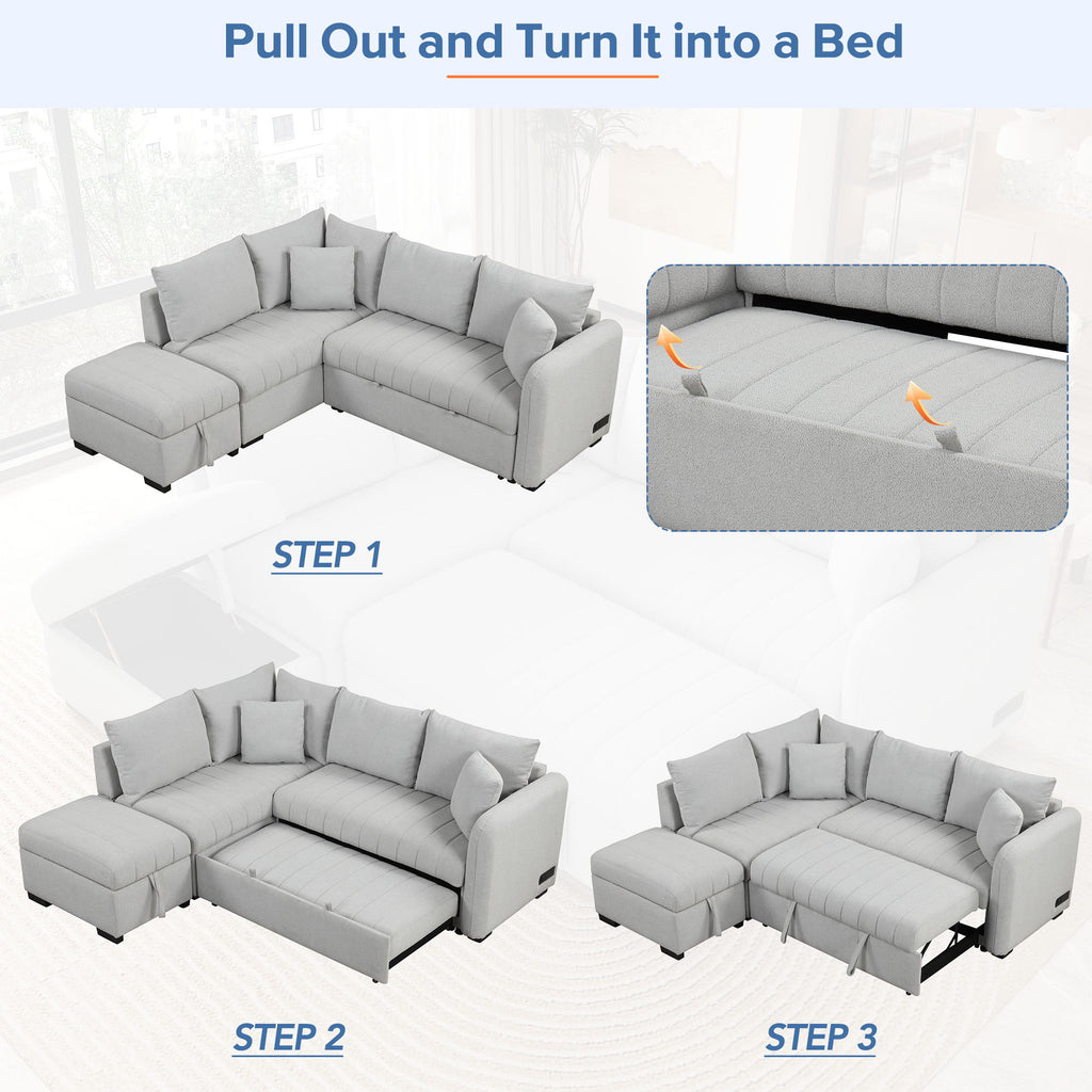 L-Shaped Sectional Pull Out Sofa Bed Sleeper Sofa with Two USB Ports