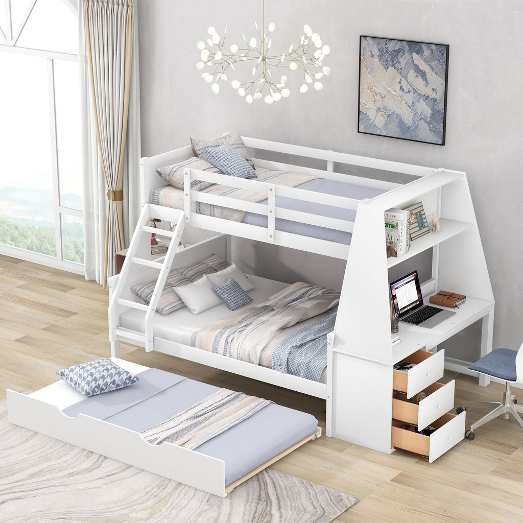 Bunk Bed with Trundle & Built In Desk, 3 Storage Drawers & Shelf
