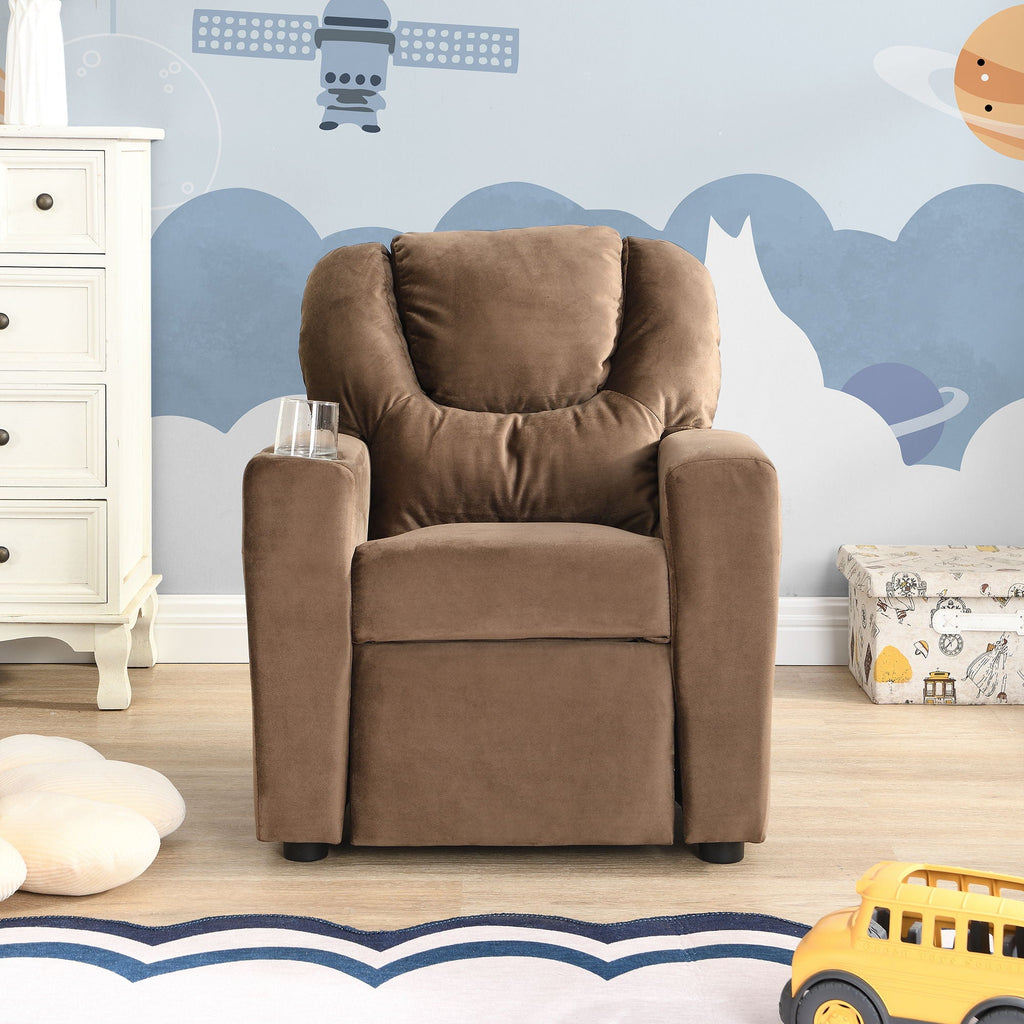 Kids Recliner Chair, Kids Upholstered Couch with Two Cup Holder, Footrest, Backrest